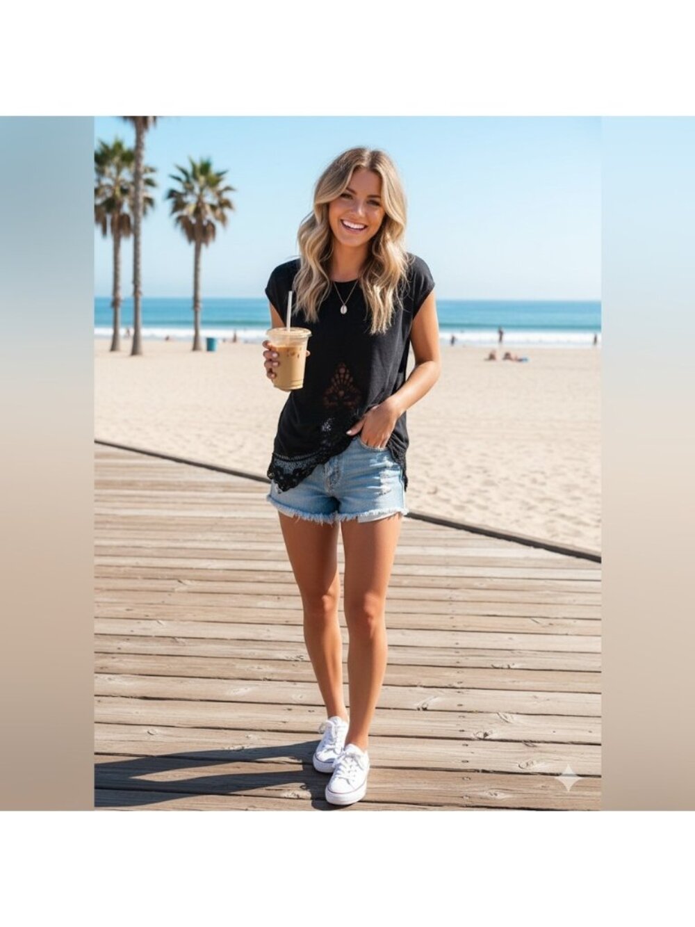 GENERATION LOVE black cap sleeve linen top with crochet details xs